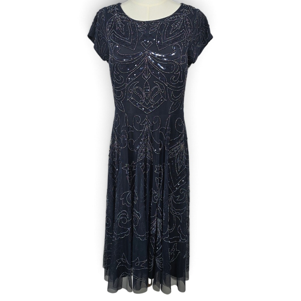 Johnny Was Dress Womens 10 Paisley Beaded Mesh Navy Blue‎ Sequin Midi NEW Formal